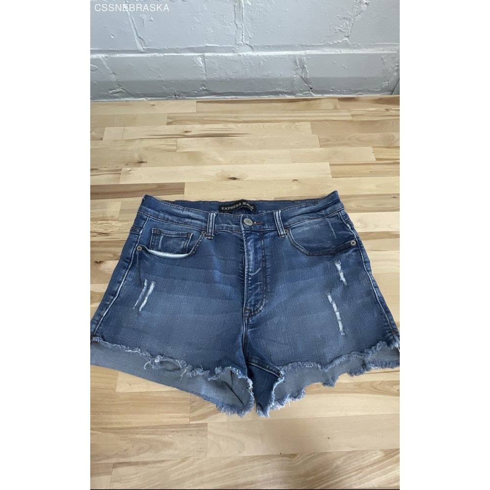 Express Blue High Waisted Mom Denim Jean Shorts in a medium wash. - Size 10